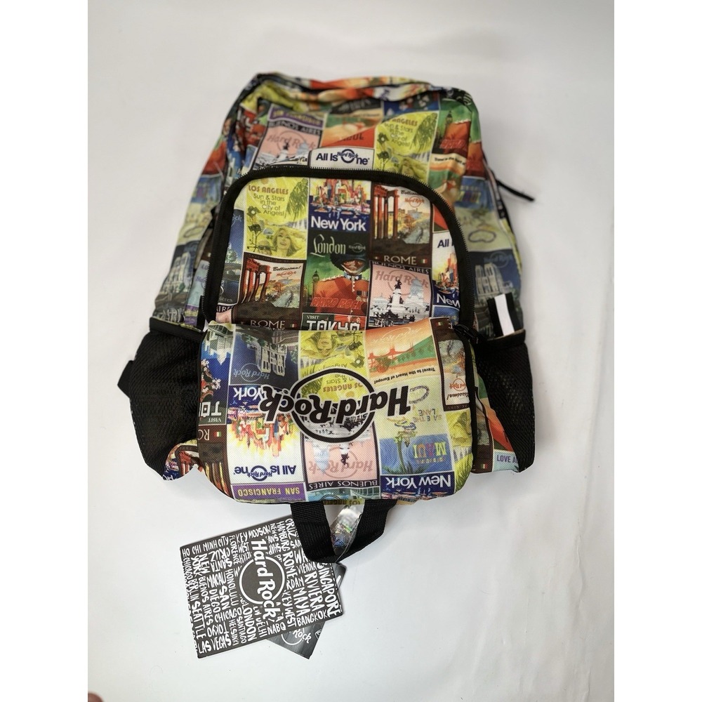 HARD ROCK CAFÉ Lightweight Packable Backpack Travel Poster Print Brown Trim